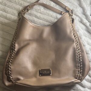 bebe Metallic Taupe Shoulder Hobo with Gold Chain Trim